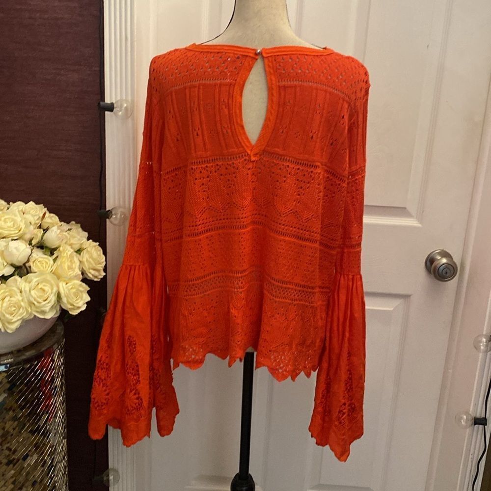 Free People Red Lace Bell Sleeve Top - Picture 12 of 15